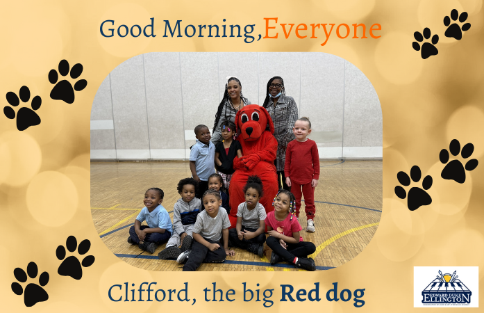 A group of Pre-schoolers surrounds Clifford the Big Red dog in the gym